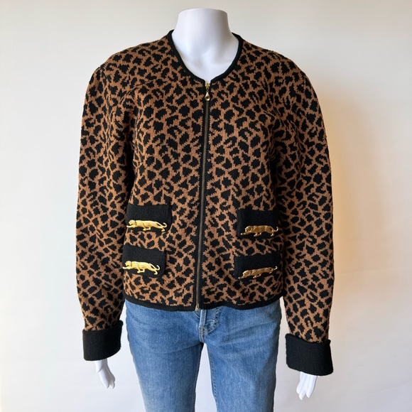 Melinda Eng Wool Knit Jacket Leopard Cheetah Animal print Jaguar Embellished - Picture 4 of 12